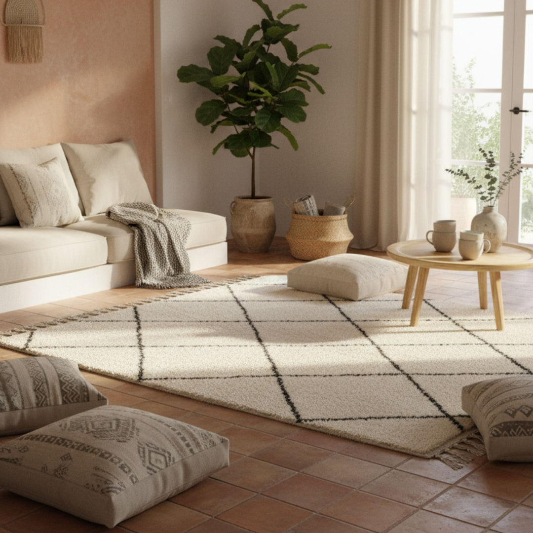 Styled view of the Moroccan wool rug with cream background and black diamond pattern.