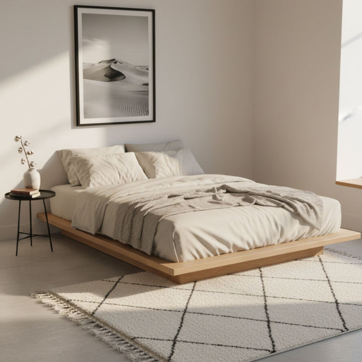 Styled view of the Moroccan wool rug with cream background and black diamond pattern.