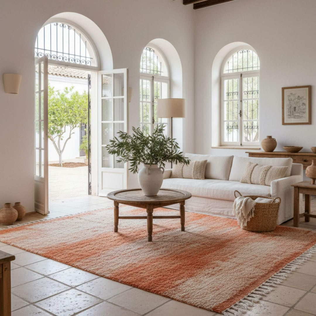 Living room scene with the Moroccan Rug adding warm earthy tones to the décor.