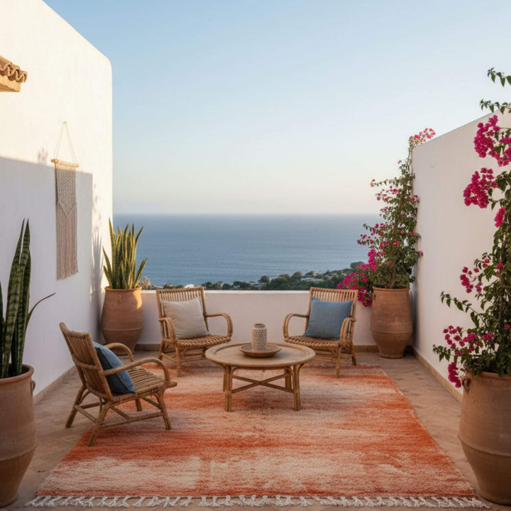 Terrace setting showcasing the Moroccan Rug in terracotta hues with Mediterranean surroundings.