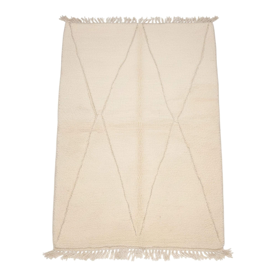 Front view of the Moroccan Rug in soft cream wool with subtle geometric line pattern.