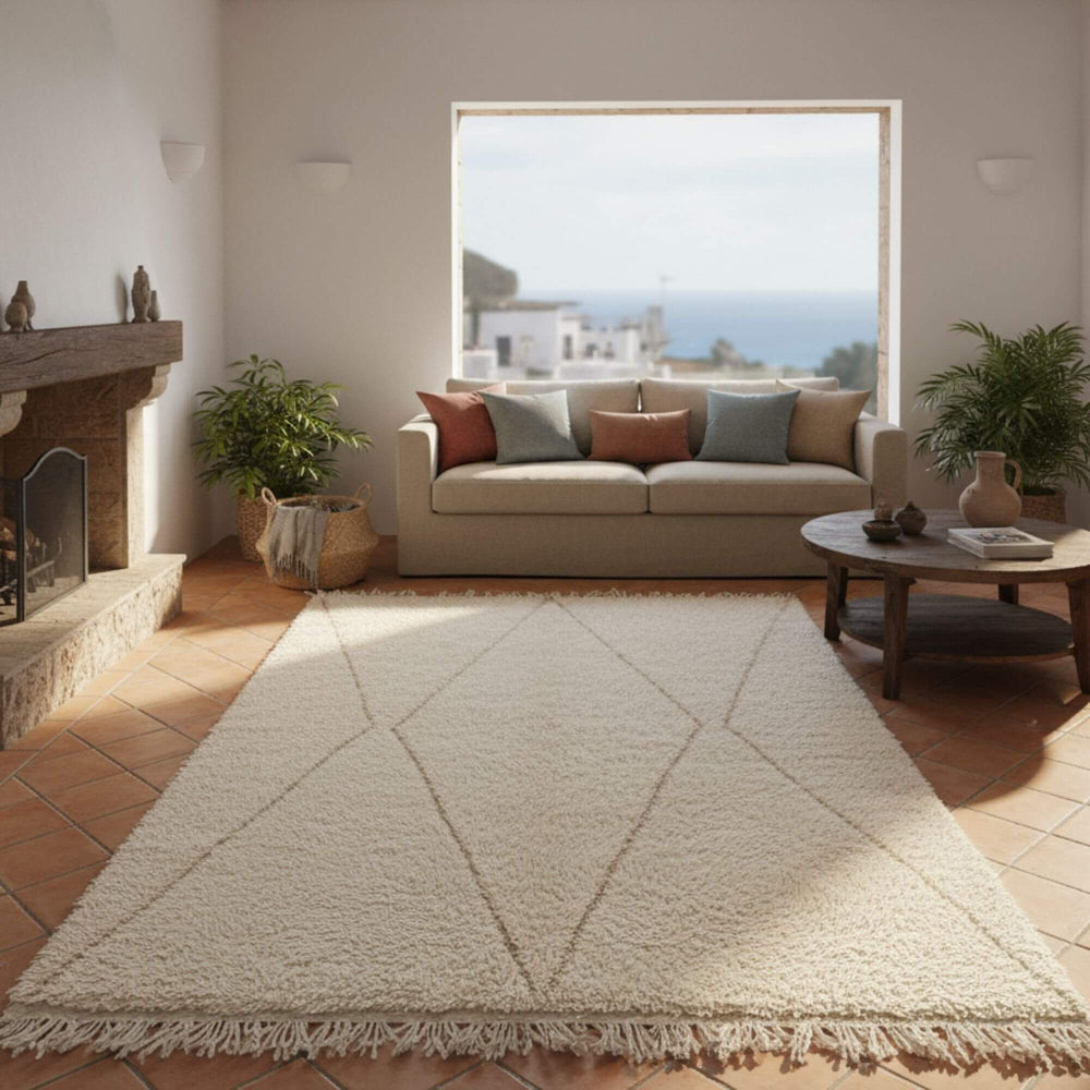 Living room interior featuring the Moroccan Rug in a calm, natural setting with warm light.