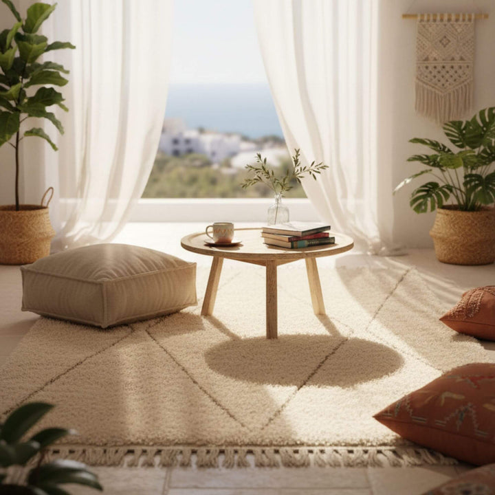 Cozy boho-inspired corner with the Moroccan Rug adding warmth and handcrafted texture.