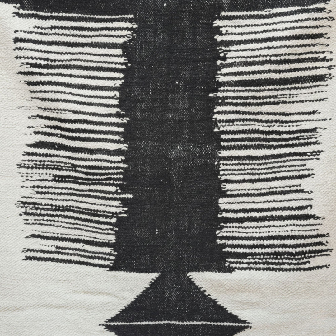 Close-up of the handwoven wool pattern with textured black design.