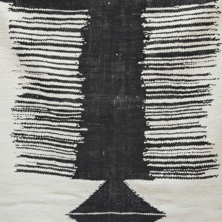 Close-up of the handwoven wool pattern with textured black design.