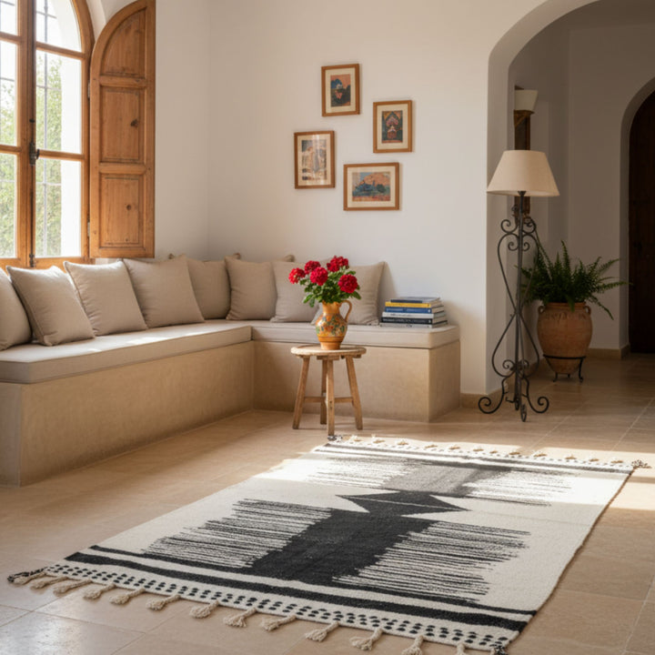 Living room scene with the Moroccan rug placed under a wooden coffee table.