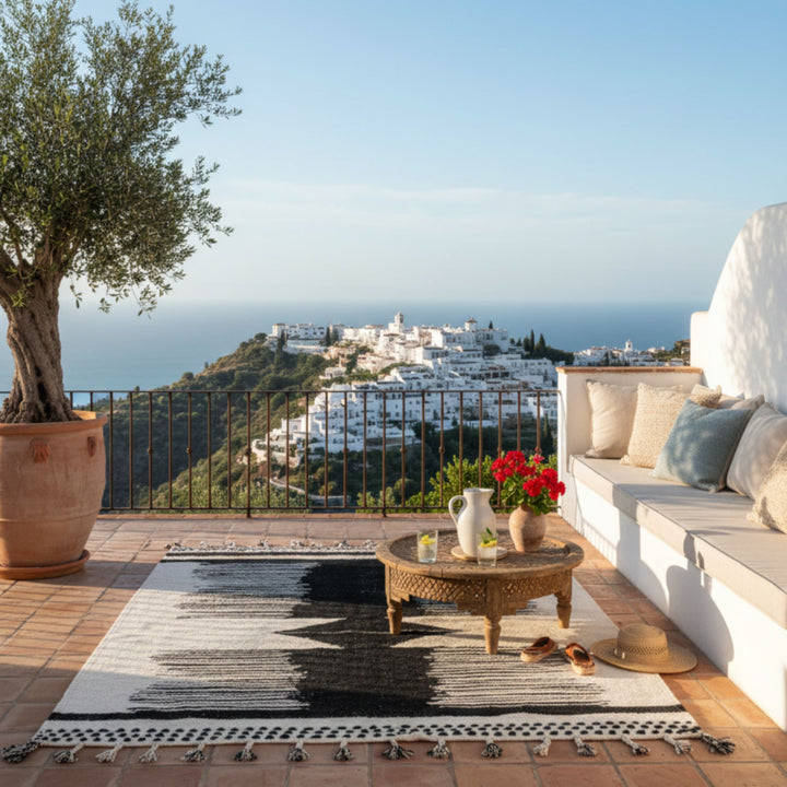 Outdoor Mediterranean terrace featuring the Moroccan rug in a natural setting.