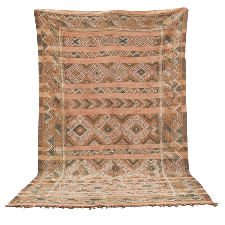 Front view of the Moroccan Rug in terracotta and earthy tones with geometric wool pattern.