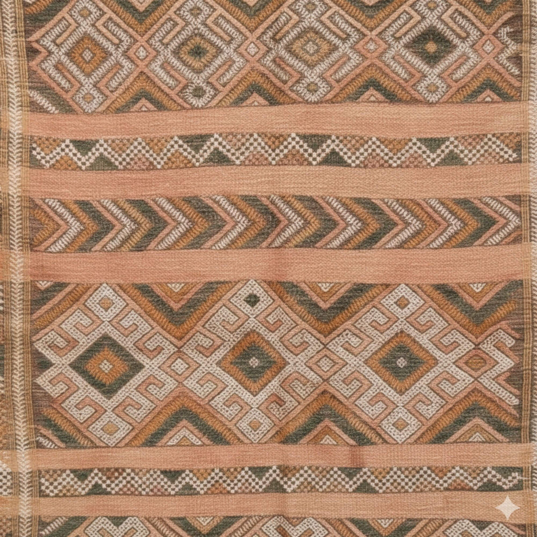 Close-up of the handwoven geometric motifs in terracotta and beige.