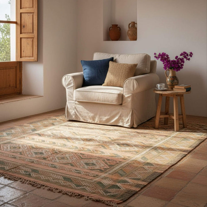 Cozy interior setting featuring the Moroccan Rug under a neutral armchair.