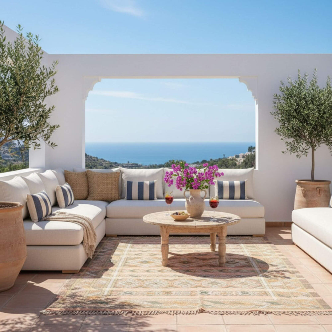 Outdoor-style terrace decorated with the Moroccan Rug in warm natural colors.