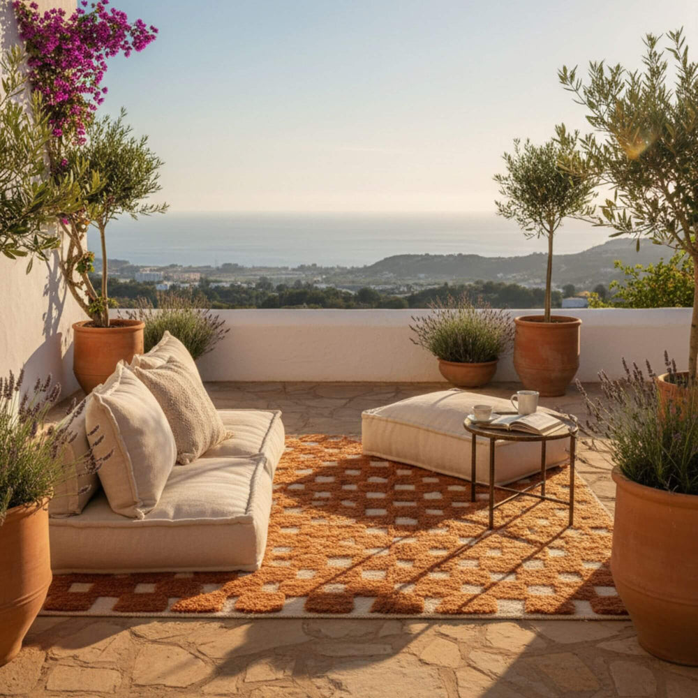 Outdoor terrace scene featuring the Moroccan Rug under a seating area with sunset views.