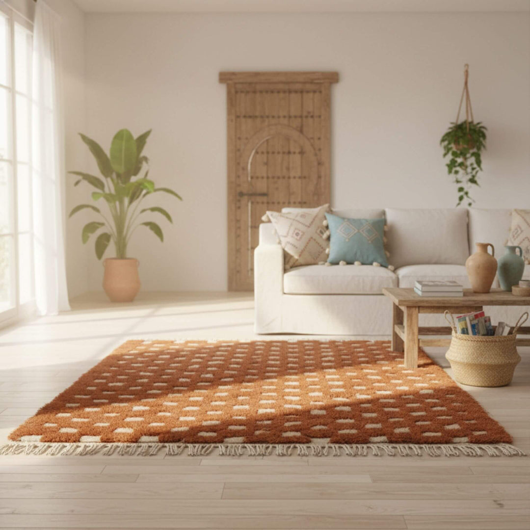 Bright interior living room styled with the Moroccan Rug as a warm focal point.
