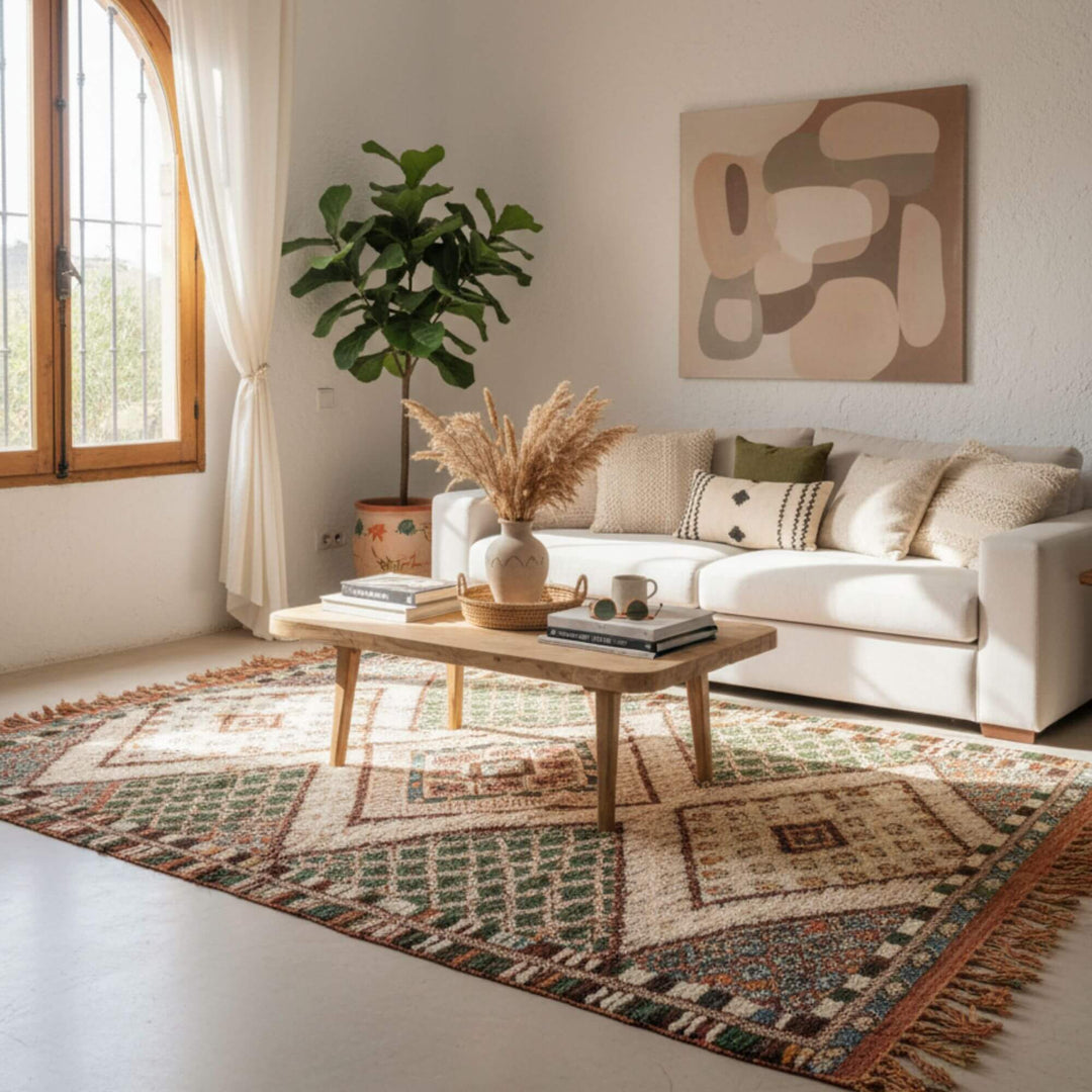 Living room interior featuring the Moroccan Rug as a warm decorative focal point.