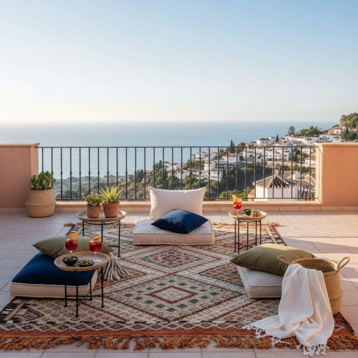Outdoor styling the Moroccan Rug as a warm decorative focal point.