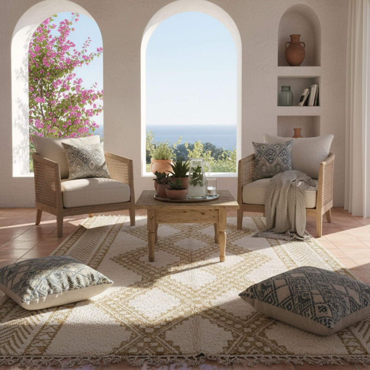 Living room interior styled with the beige Moroccan Rug and natural decor.