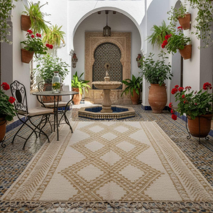 Outdoor Moroccan-inspired patio space featuring the beige Moroccan Rug.