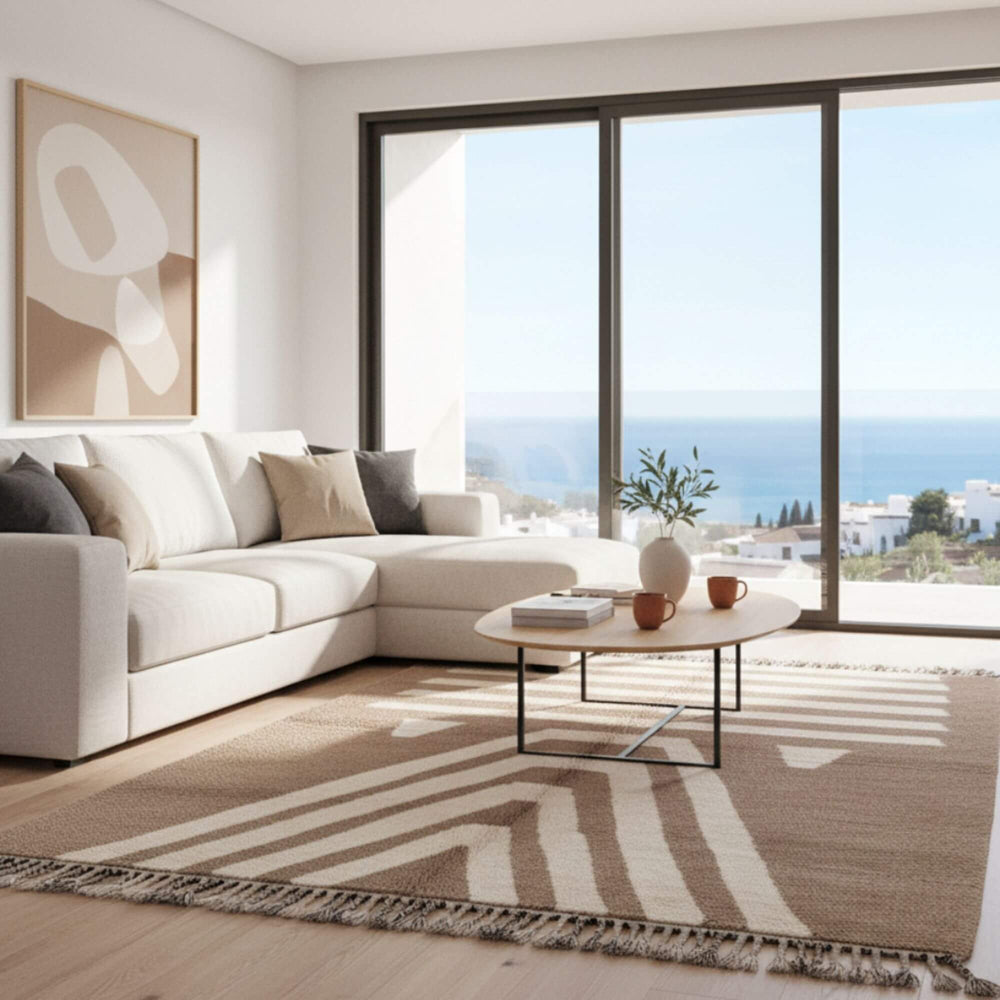 Living room setting with the Moroccan Rug styled under a sofa.