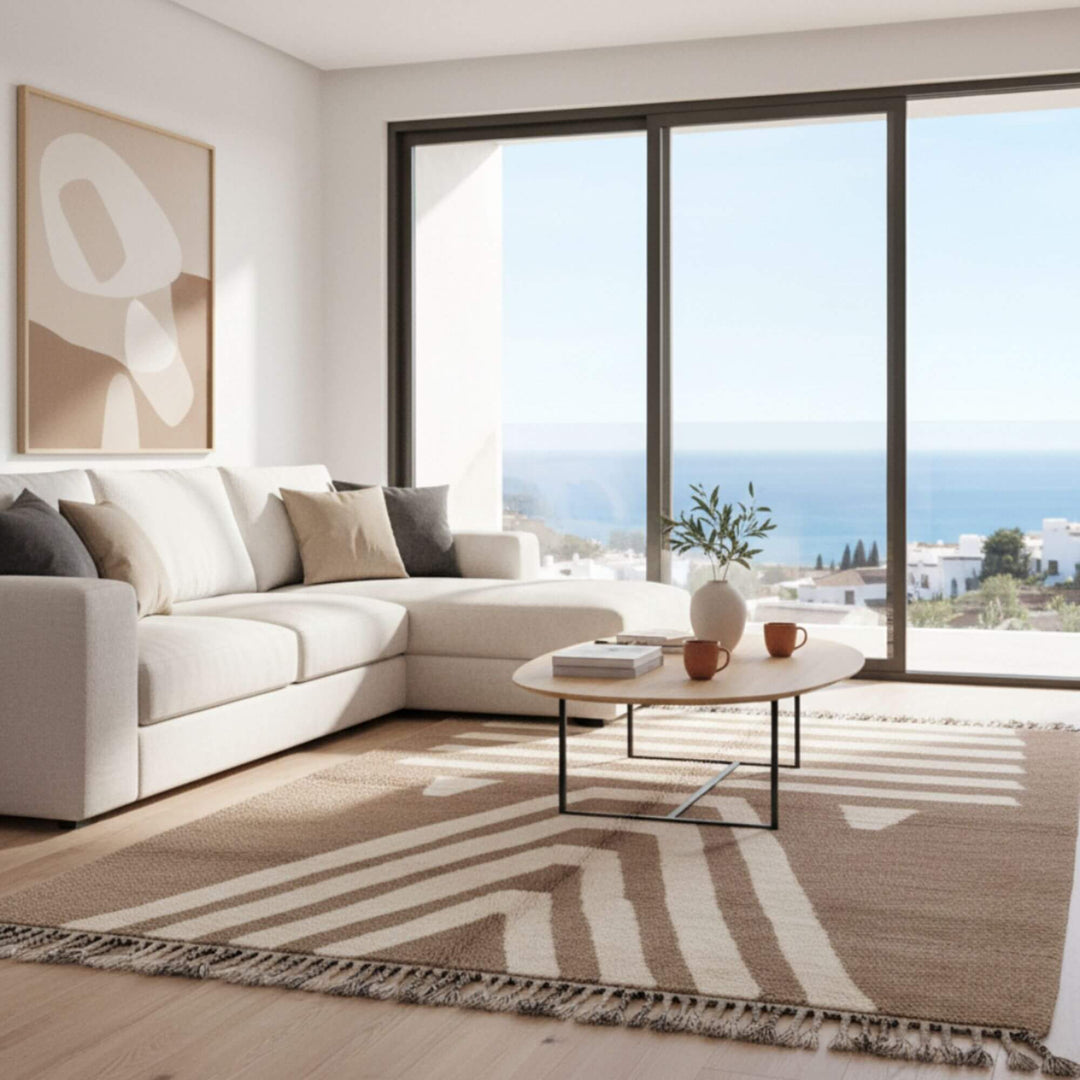Living room setting with the Moroccan Rug styled under a sofa.