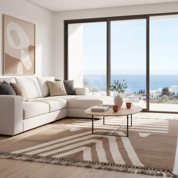 Living room setting with the Moroccan Rug styled under a sofa.