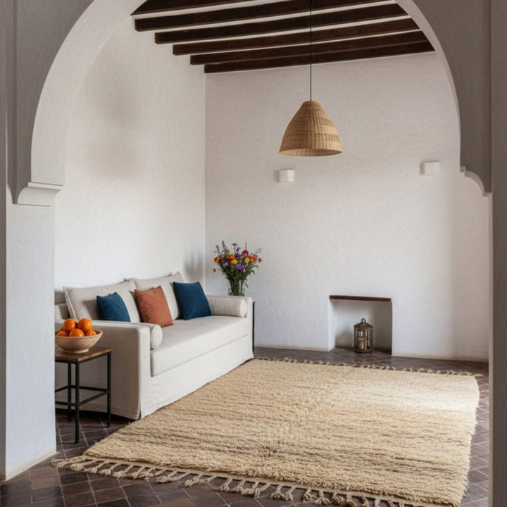Living room interior featuring the Moroccan Rug under a sofa setup.