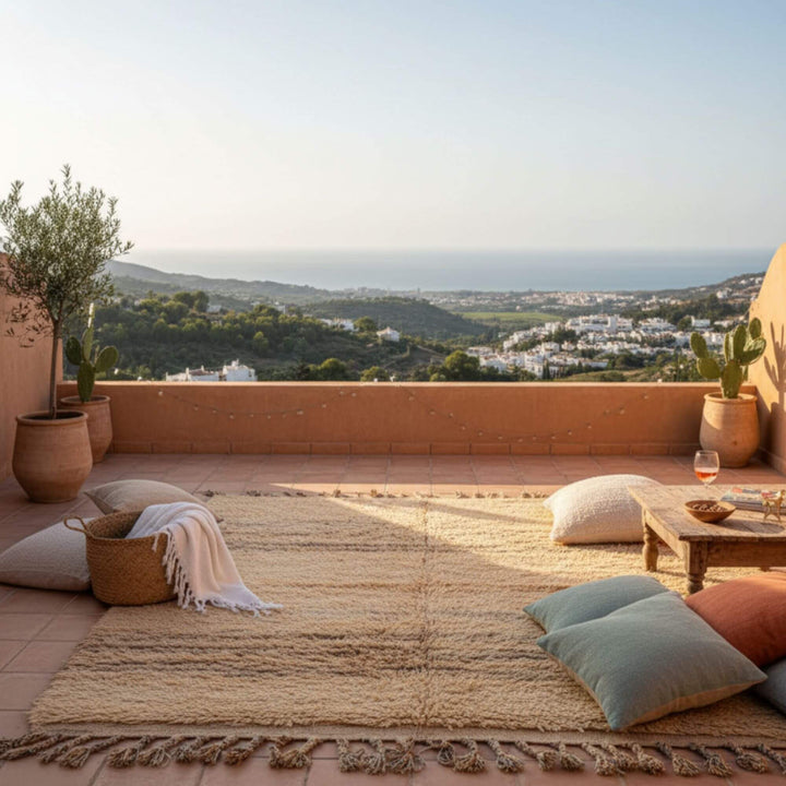 Terrace scene showcasing the Moroccan Rug in natural outdoor light.