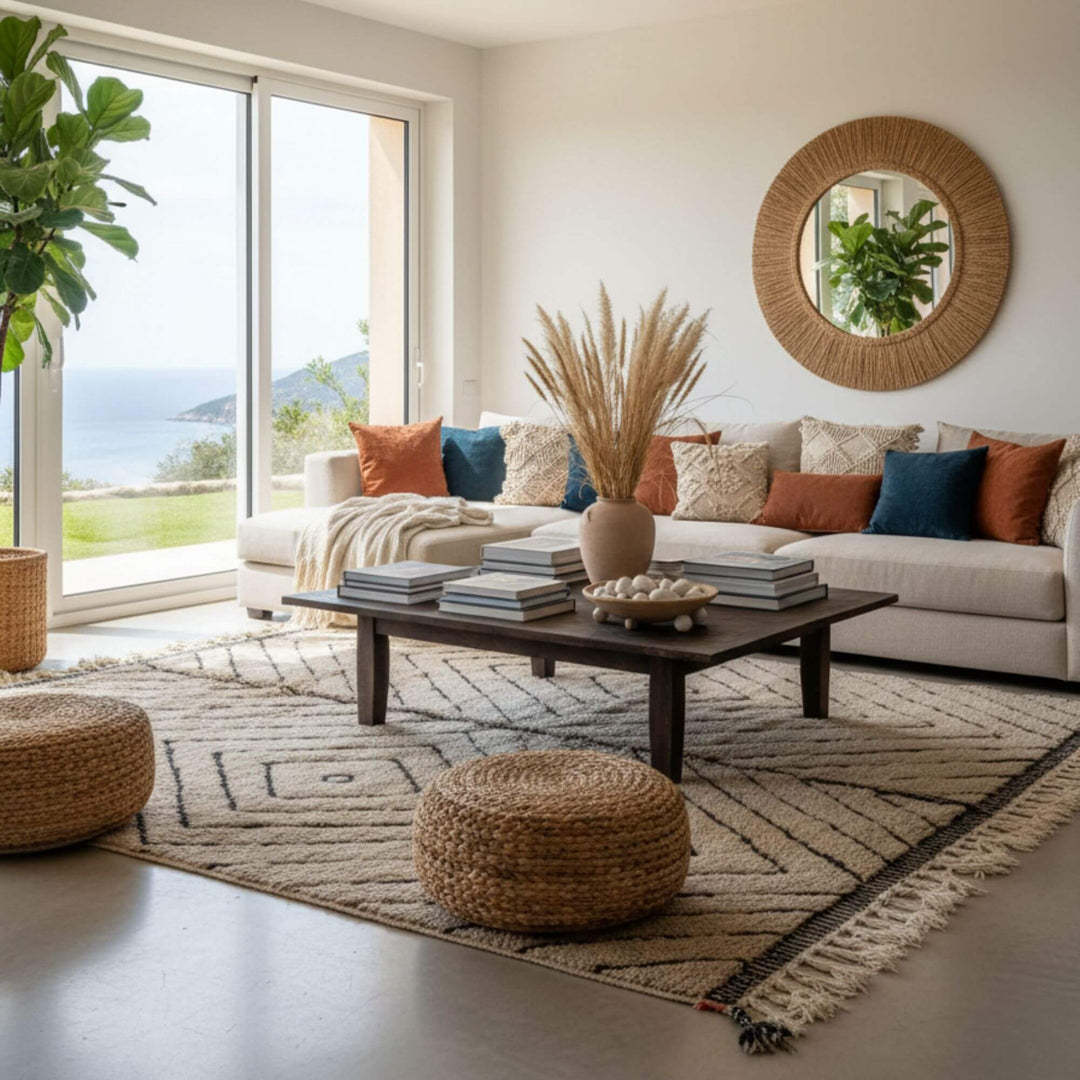 Bright living room interior featuring the Moroccan Rug under a coffee table.