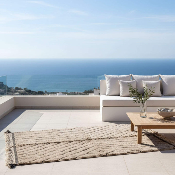 Terrace scene with the Moroccan Rug adding warmth to an outdoor seating area.

