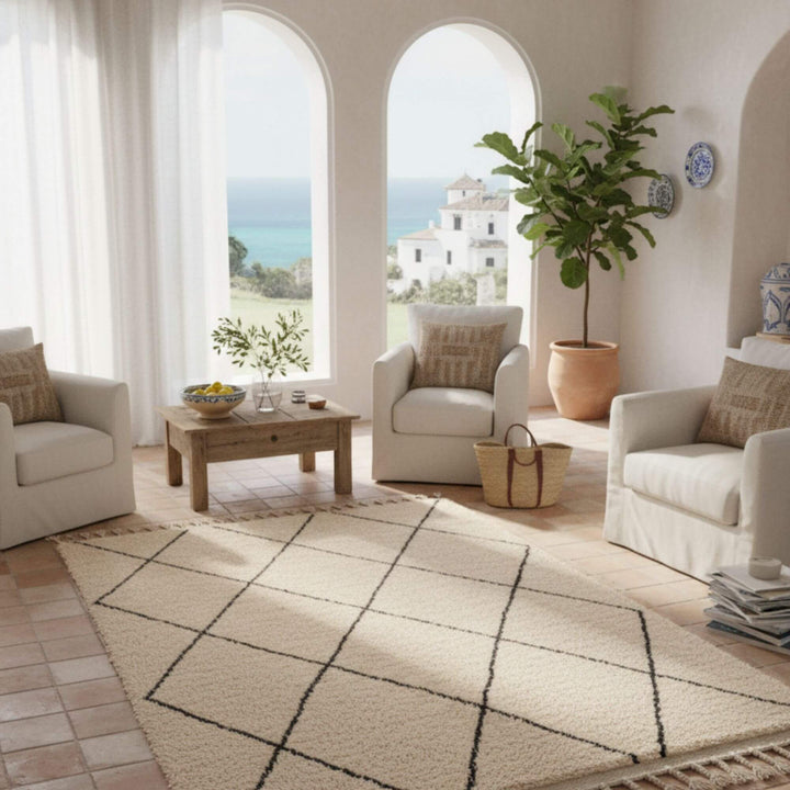 Living room scene featuring the Moroccan rug under a neutral-toned sofa.