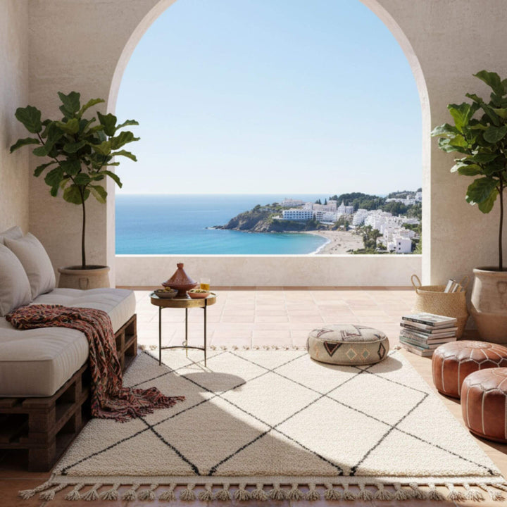 Coastal-inspired room with the Moroccan rug placed near large arched windows.