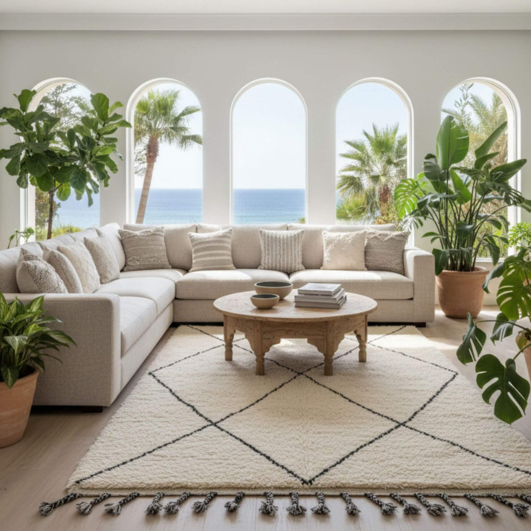 Bright living room decorated with natural light featuring the Moroccan Rug.