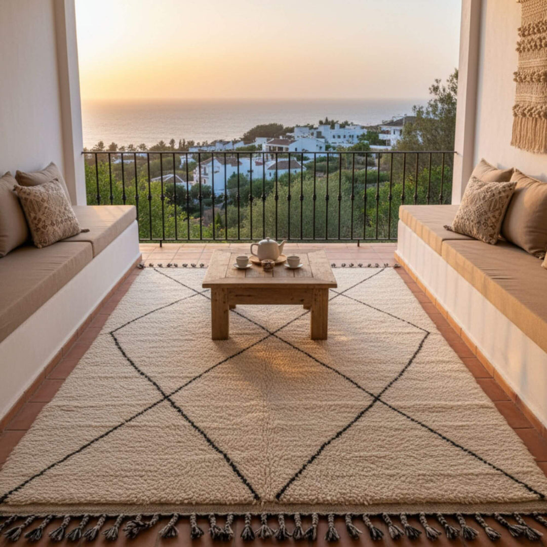 Terrace-style interior scene with the Moroccan Rug adding warmth and softness.