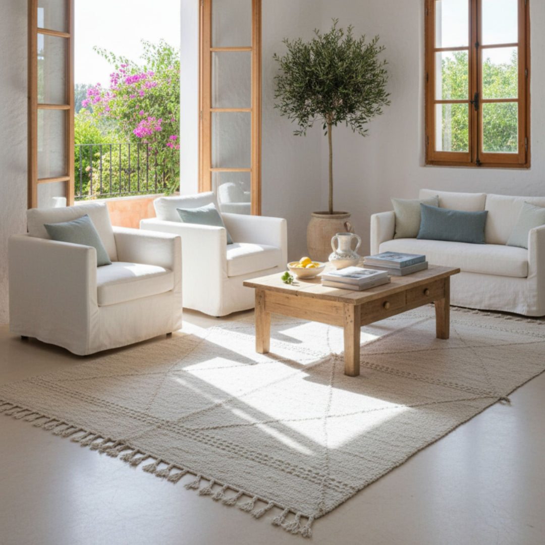 Bright living room featuring the Moroccan rug under a wooden coffee table.