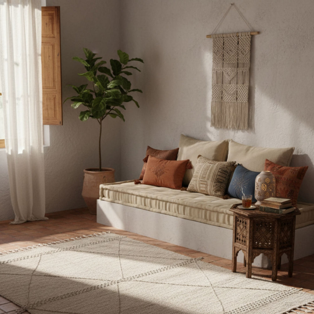 Warm Mediterranean interior scene displaying the Moroccan rug beside a rustic sofa.