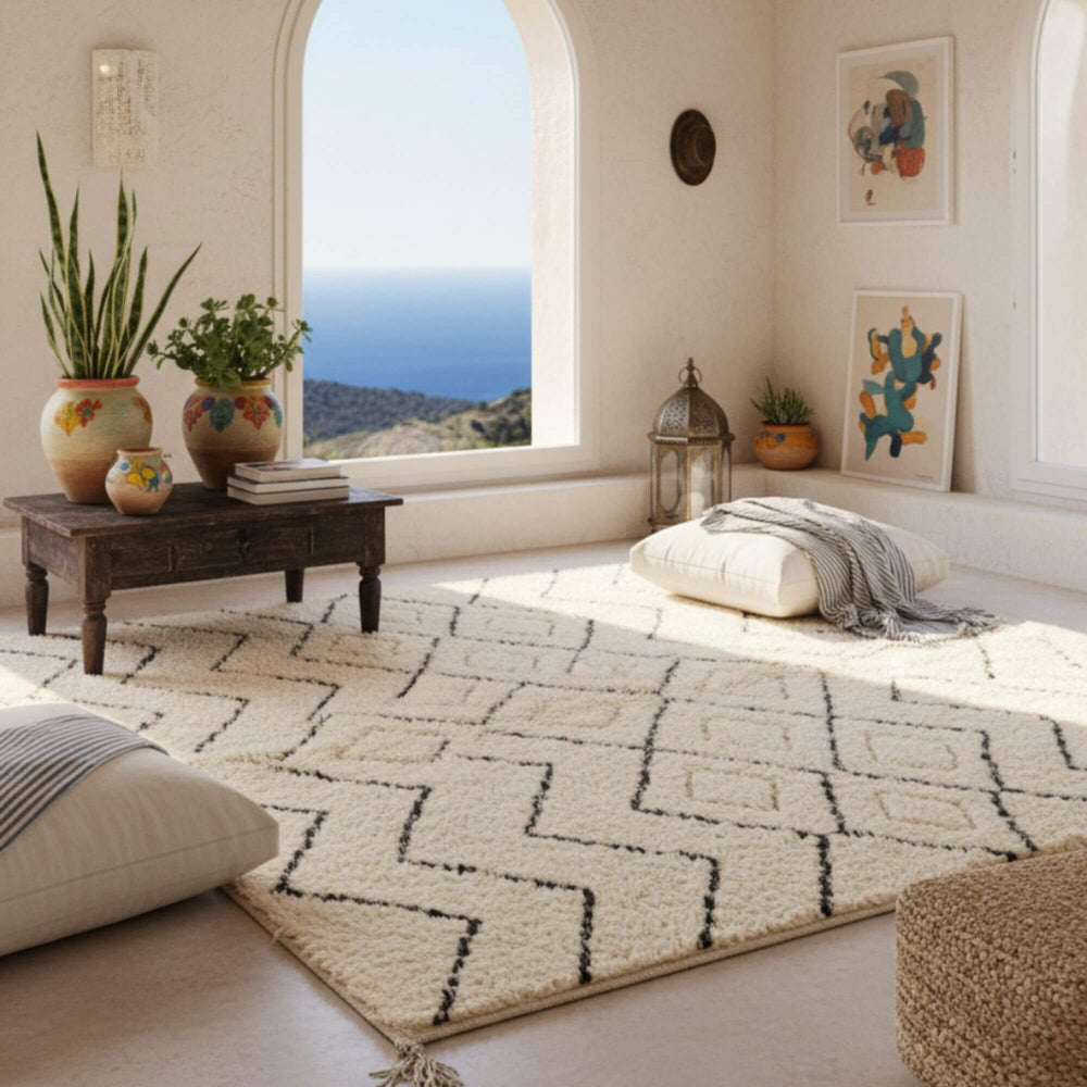 Mediterranean-style living room featuring the Moroccan Rug under a seating arrangement.