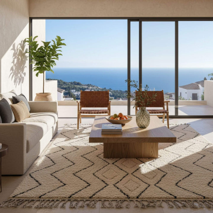 Bright terrace-style interior with the Moroccan Rug adding warmth and character.