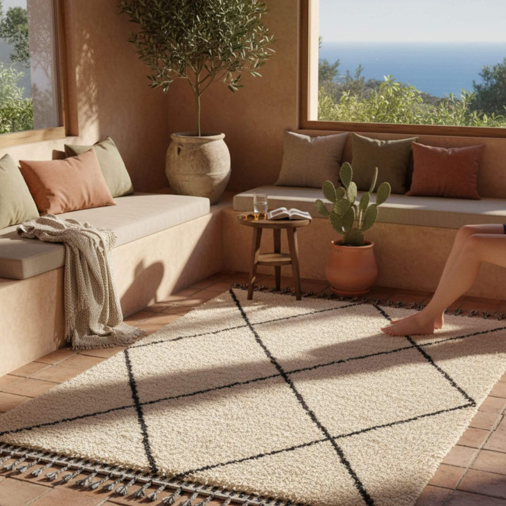 Living room setting featuring the Moroccan Rug under a coffee table.