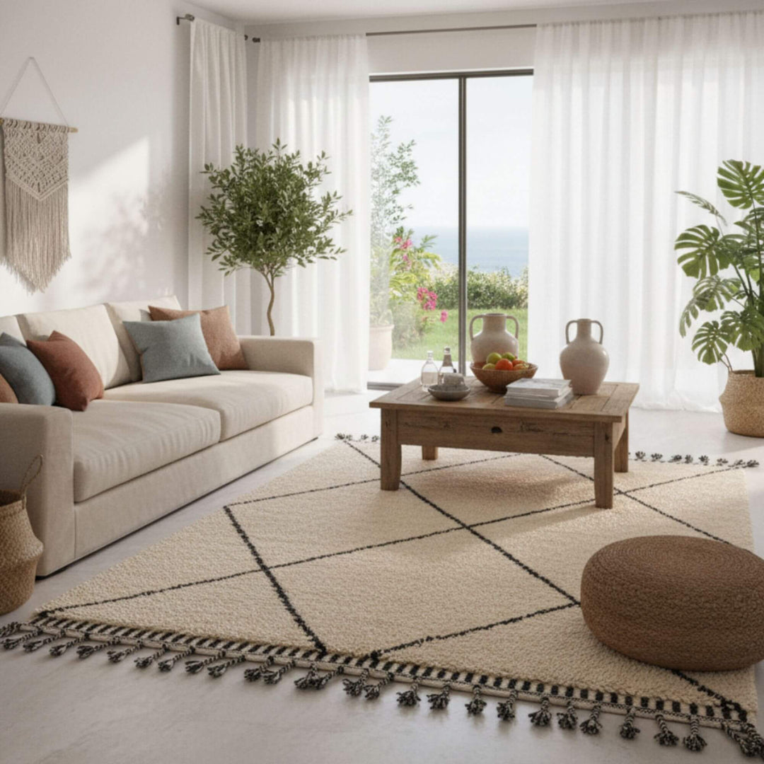 Interior decor scene showing the Moroccan Rug adding warmth to the room.