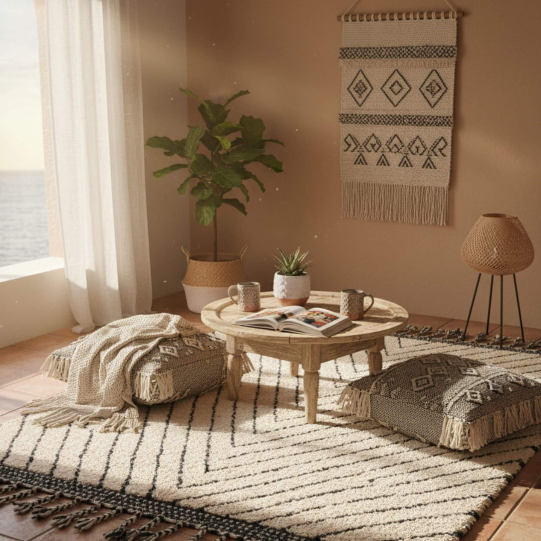 Cozy living space featuring the Moroccan Rug under a low coffee table and cushions.
