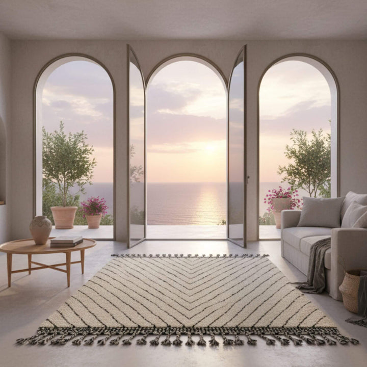Bright room with arched windows showcasing the Moroccan Rug as a central focal point.