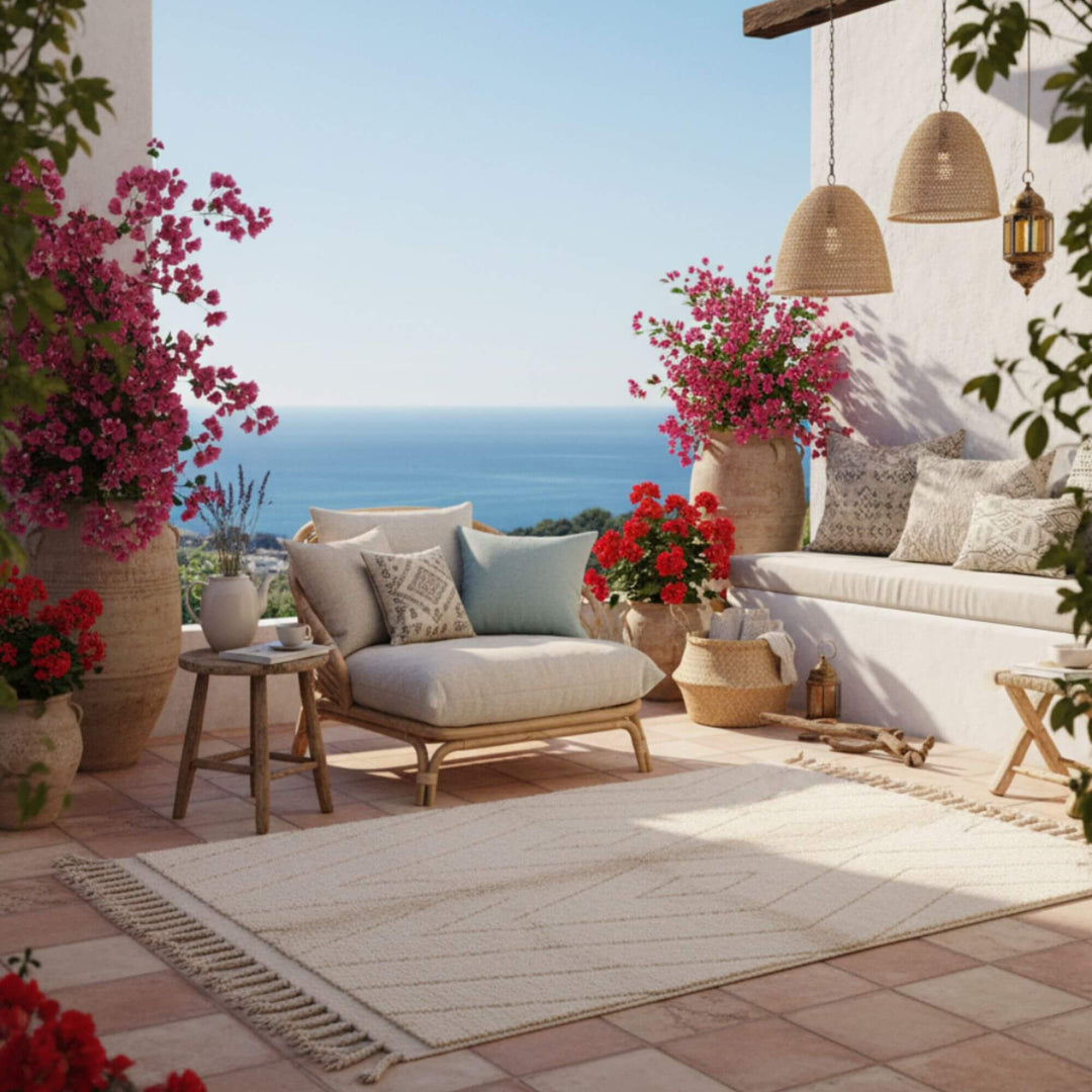 Outdoor terrace setting with the Moroccan Rug adding warmth to the space.