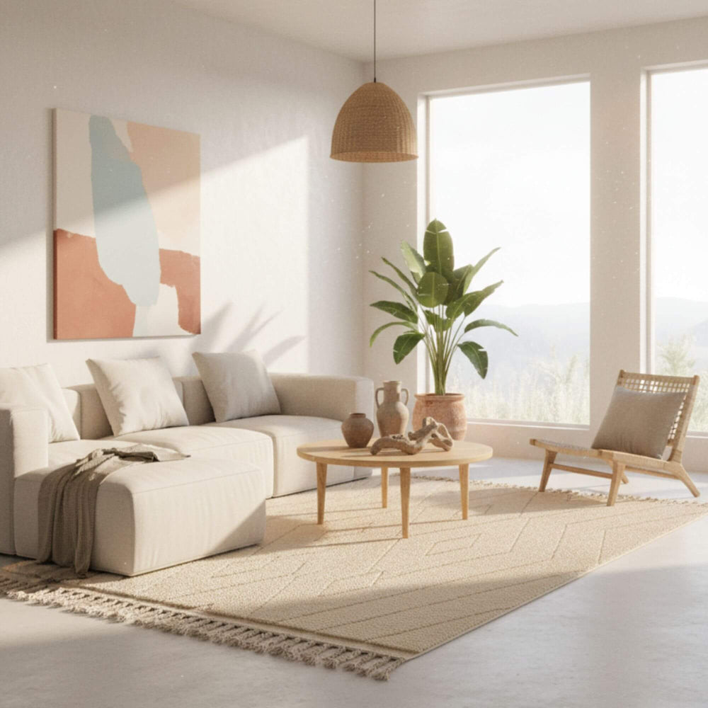 Living room scene featuring the Moroccan Rug beneath a coffee table.