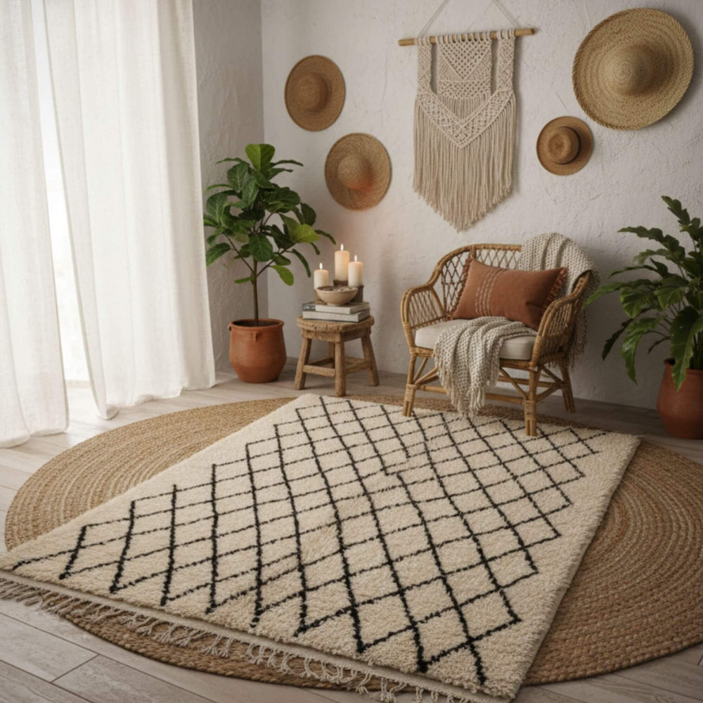 Living room setup featuring the Moroccan Rug under a coffee table.