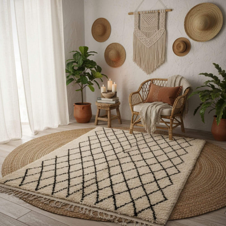 Living room setup featuring the Moroccan Rug under a coffee table.