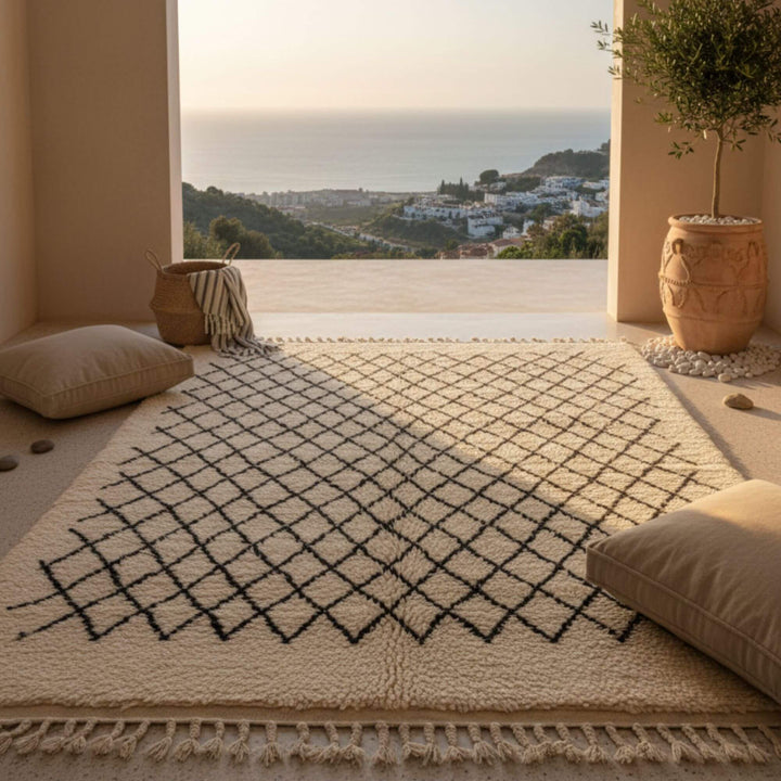 Outdoor-inspired interior scene showcasing the Moroccan Rug in a warm neutral space.
