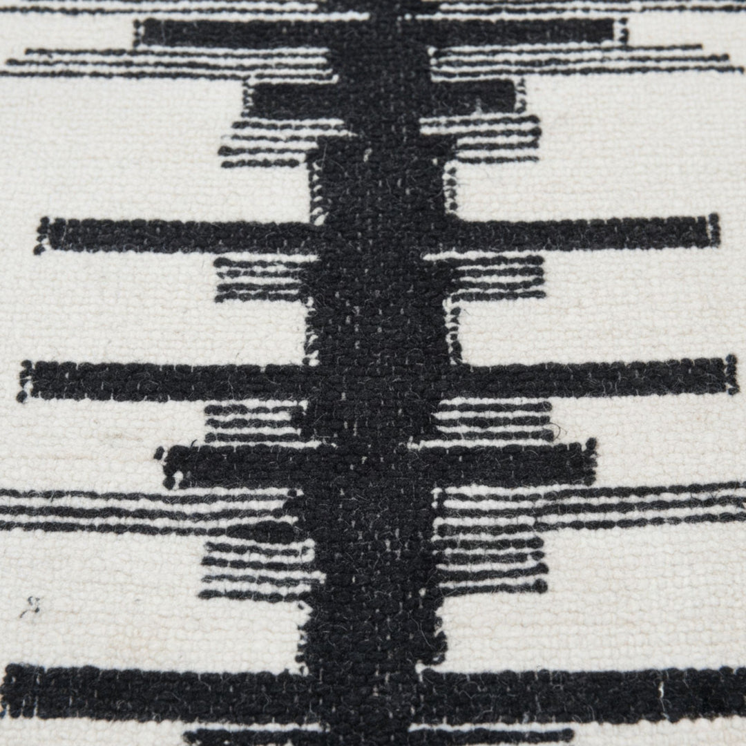 Close-up of the woven black motif and wool texture.