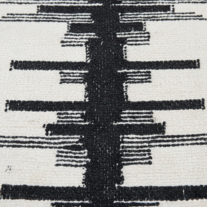 Close-up of the woven black motif and wool texture.