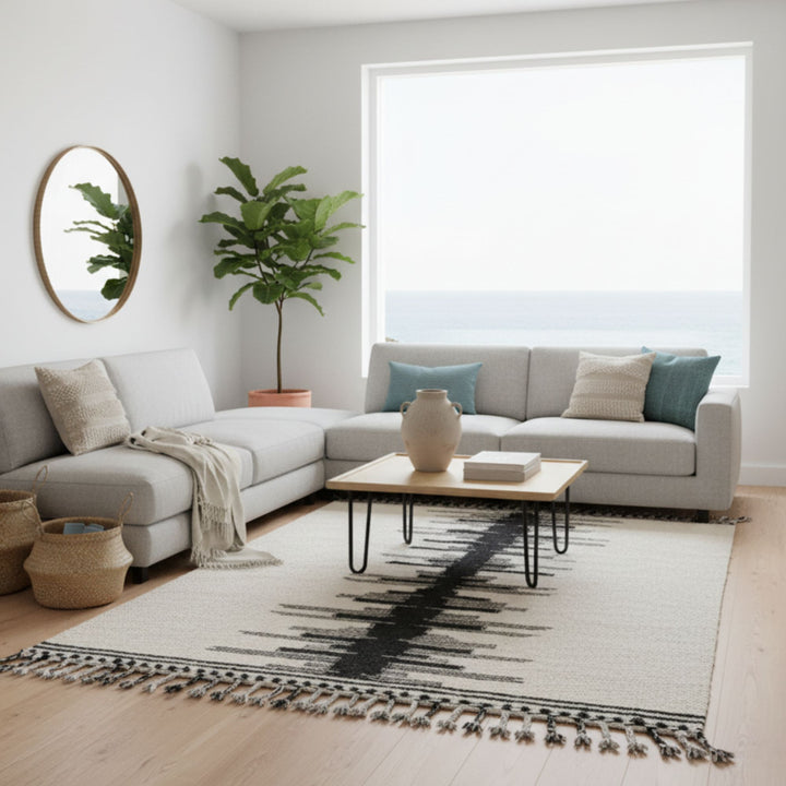 Living room interior featuring the large Moroccan rug under a modern seating area.