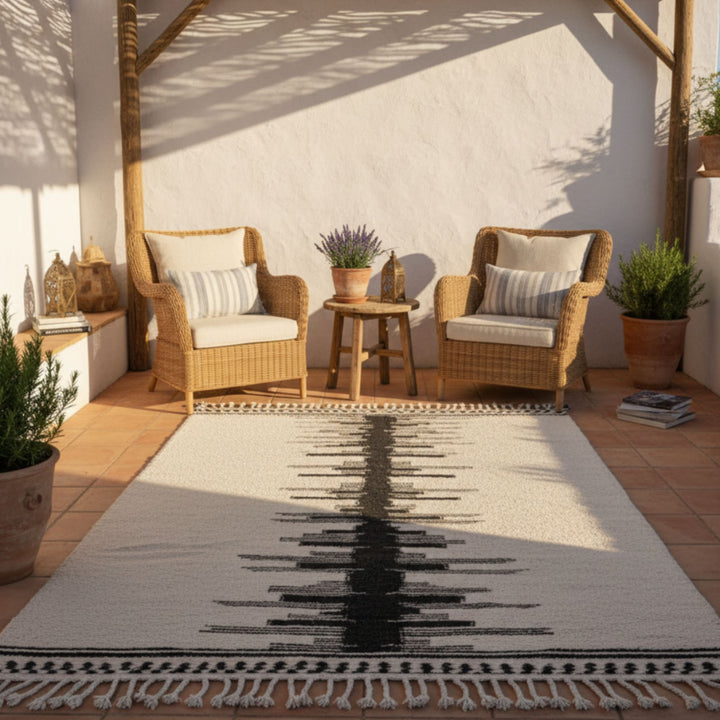 Outdoor terrace scene showing the Moroccan rug styled in a Mediterranean space.