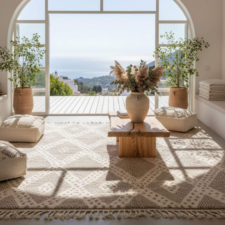 Bright interior with the Moroccan Rug placed near large windows and natural light.